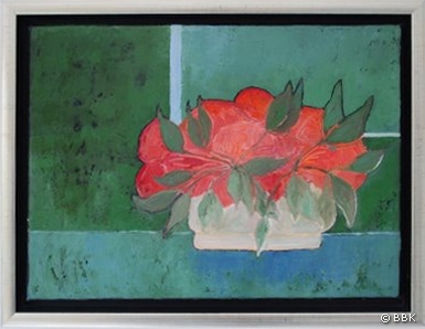 schilderij_stilleven rood bloemstukje.JPG - stilleven rood bloemstukje met groen fond, 40x30 cm